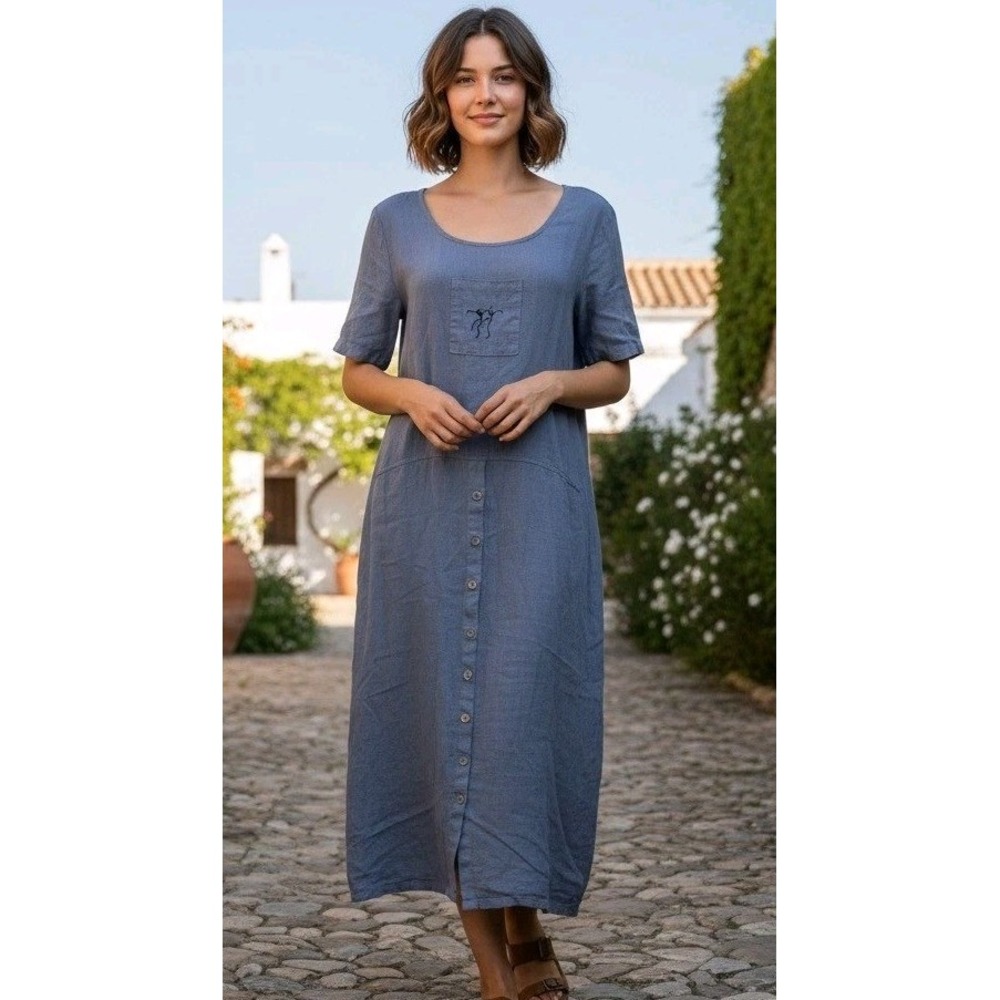 Womens Maxi Shirt Dress Linen Button Front Embroidered Logo Blue Chambray Size S